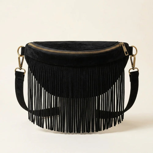 Black black fringe belt bag, front view