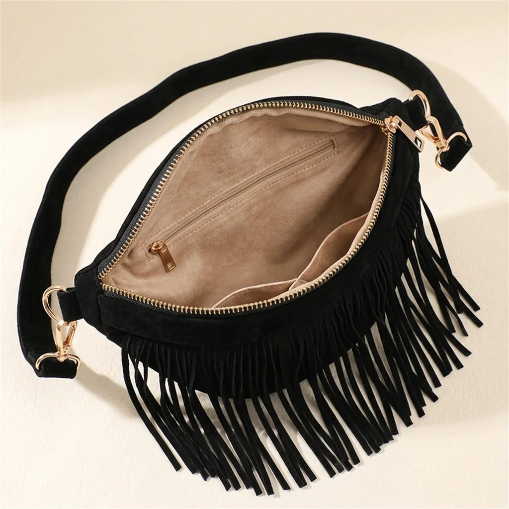 Interior lining and pockets of Black black fringe belt bag