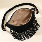 Interior lining and pockets of Black black fringe belt bag