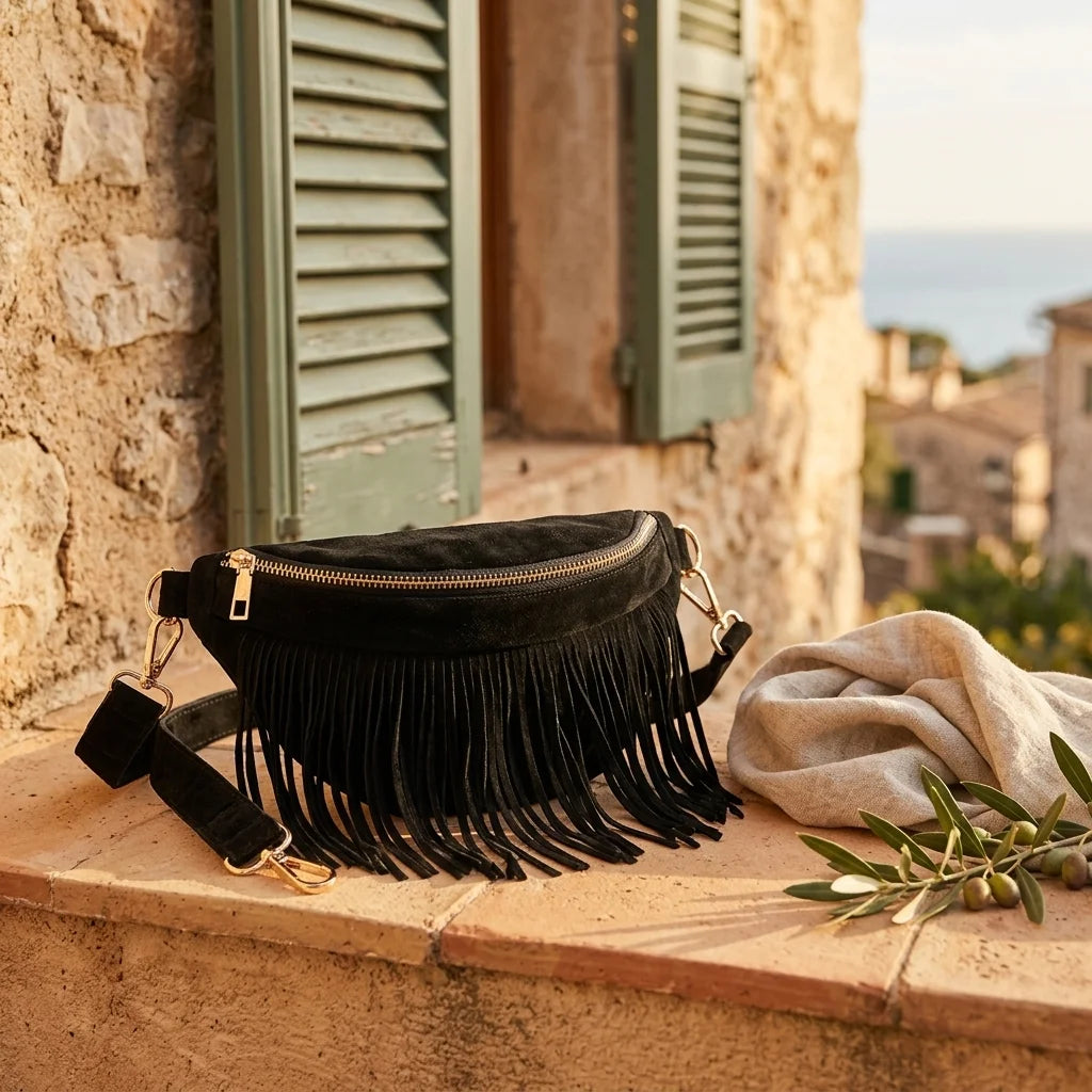 Black black fringe belt bag styled in a warm Mediterranean setting