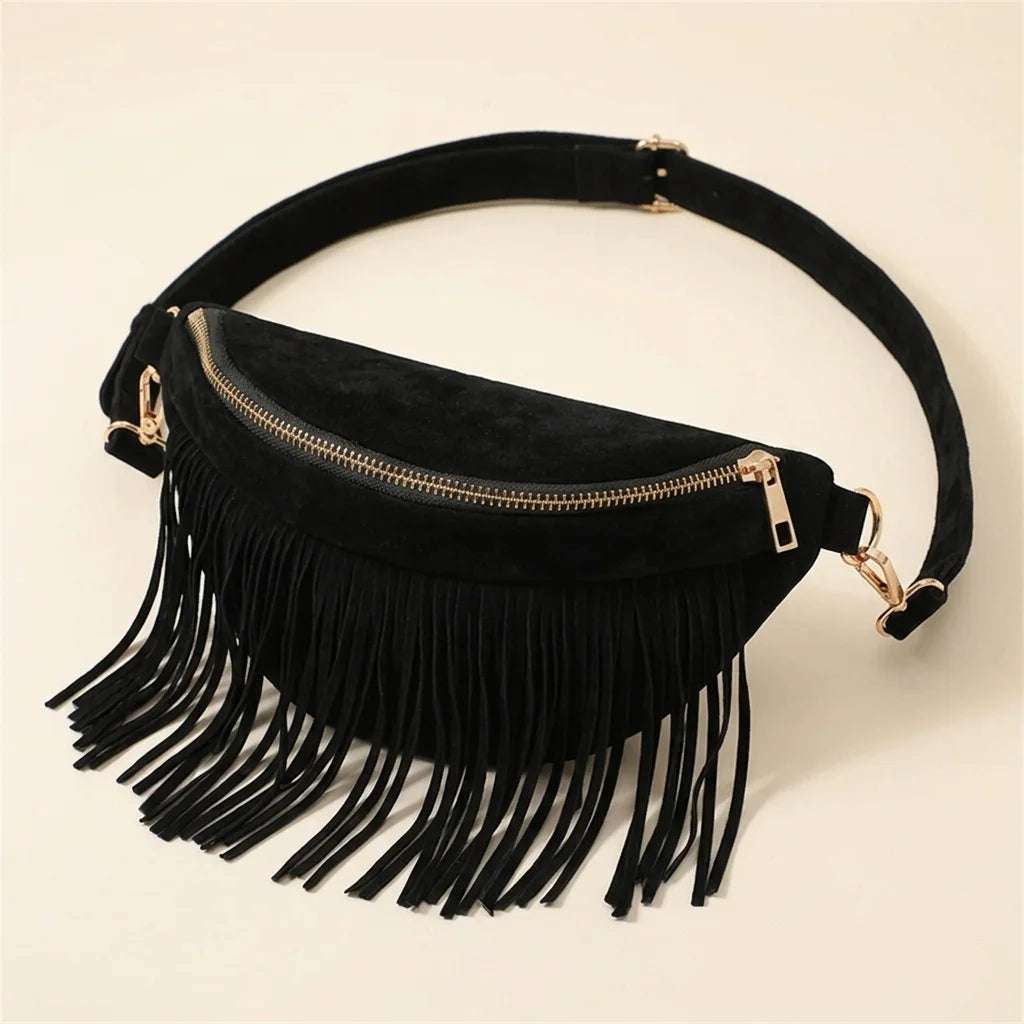 Black black fringe belt bag, three-quarter angle showing side depth