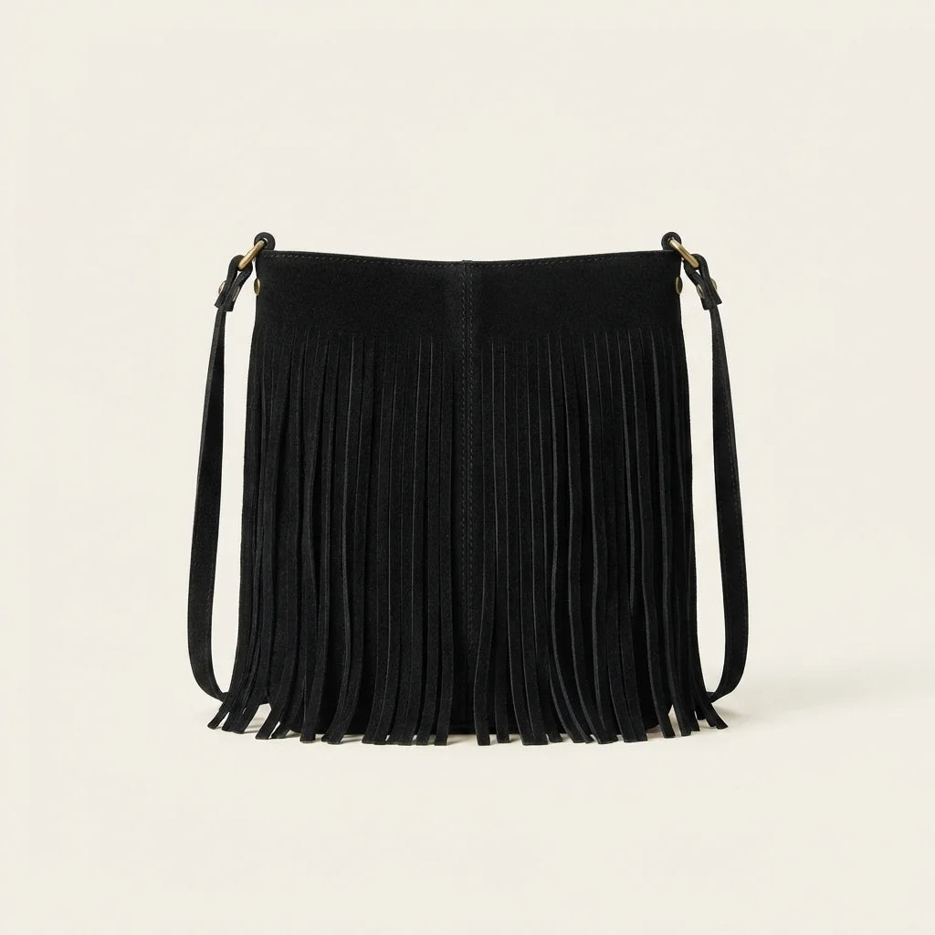 Back panel of Black black fringe bucket bag with strap attachments