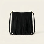 Back panel of Black black fringe bucket bag with strap attachments