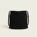 Black black fringe bucket bag, front view