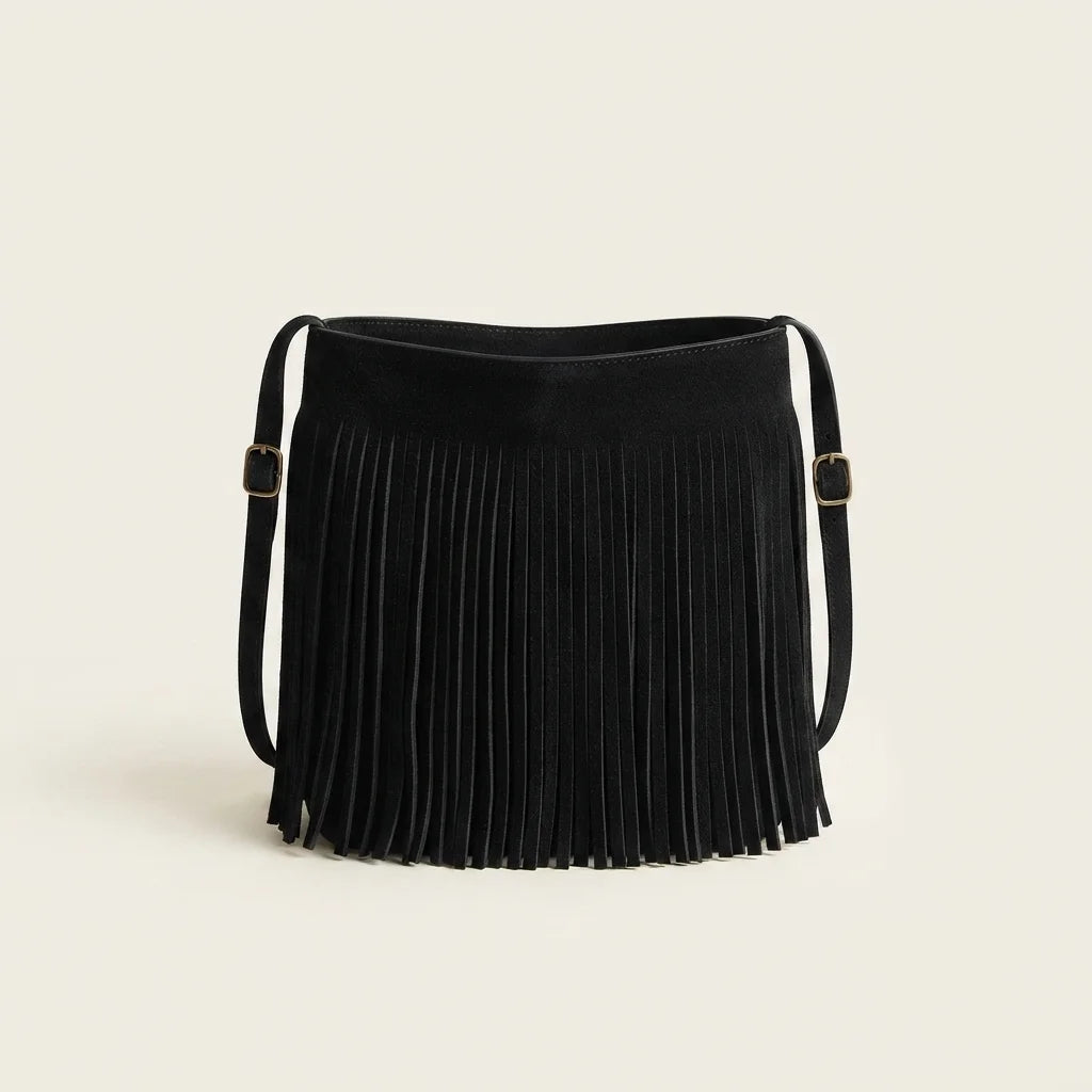 Black black fringe bucket bag, front view
