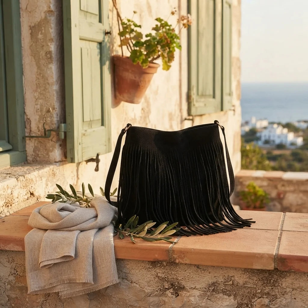 Black black fringe bucket bag styled in a warm Mediterranean setting