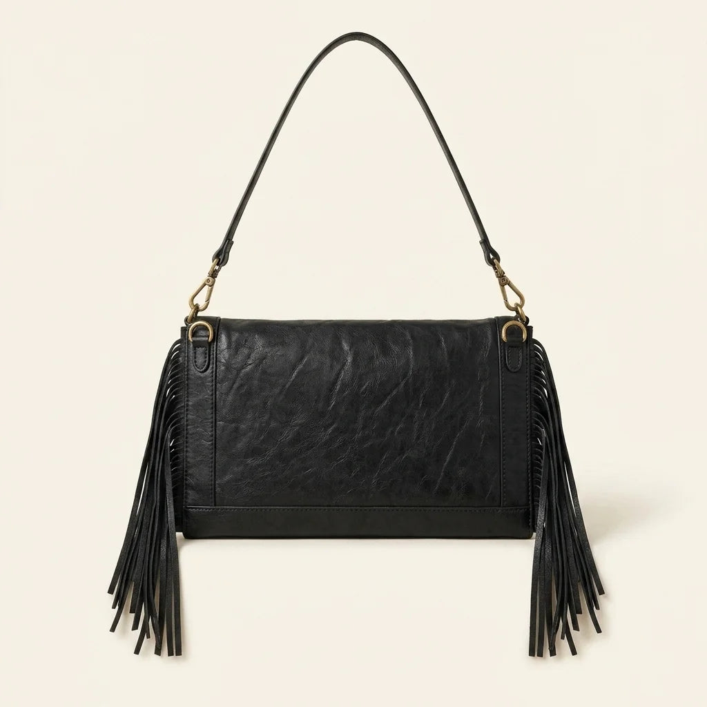 Back panel of Black black fringe clutch bag with strap attachments