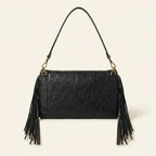 Back panel of Black black fringe clutch bag with strap attachments