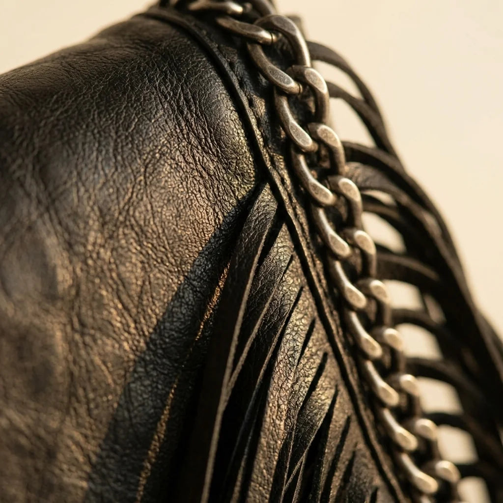 Close-up of fringe stitching and texture on Black black fringe clutch bag