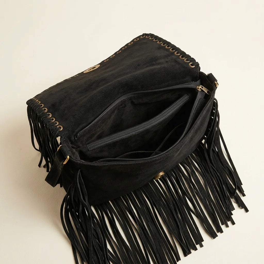 Interior lining and pockets of Black black fringe clutch bag