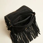 Interior lining and pockets of Black black fringe clutch bag