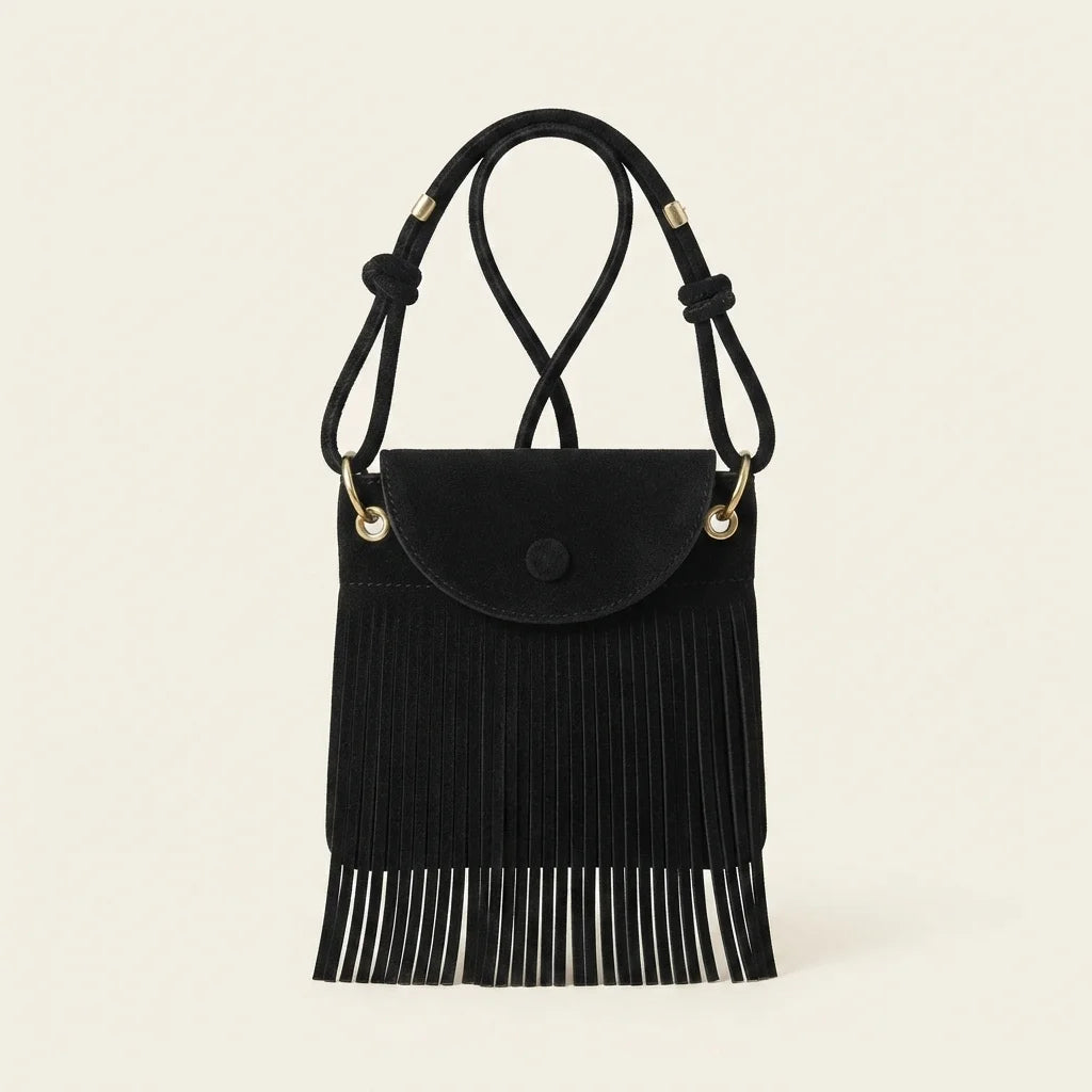 Black black fringe messenger bag, front view