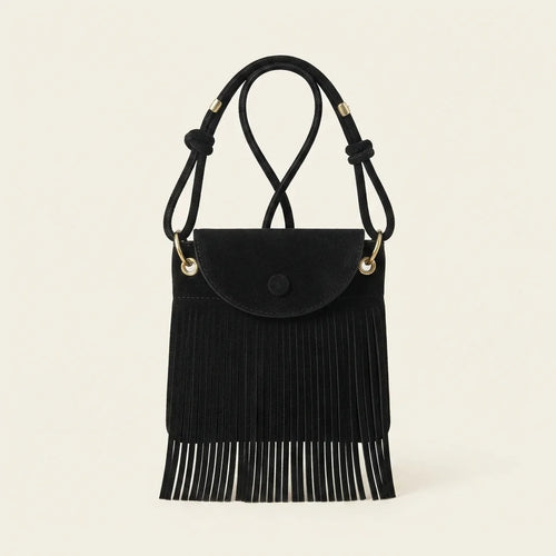 Black black fringe messenger bag, front view