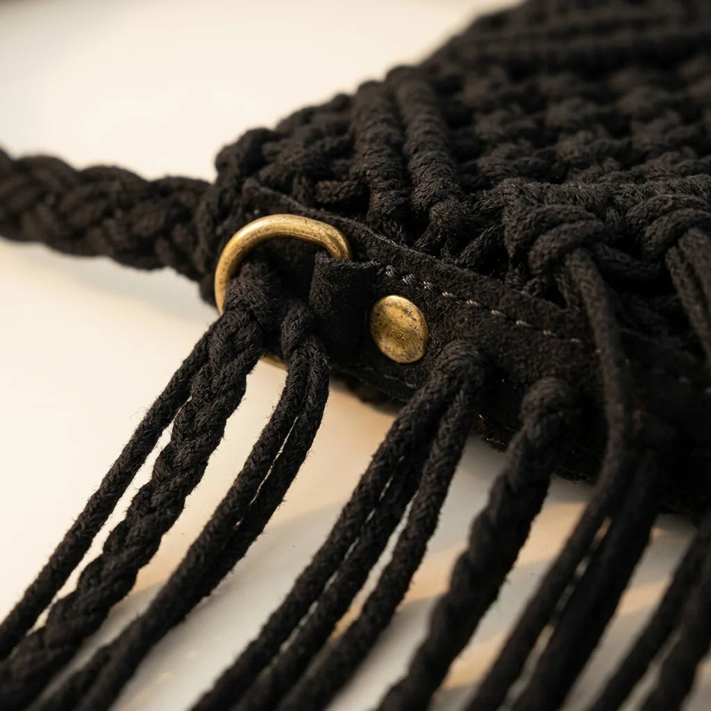 Close-up of fringe stitching and texture on Black black fringe over the shoulder bag