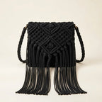 Black black fringe over the shoulder bag, front view