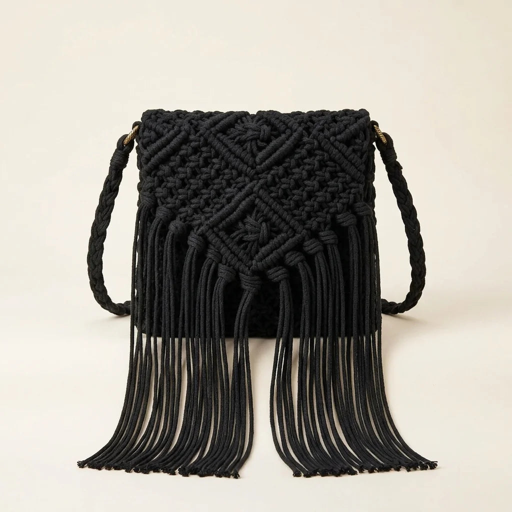 Black black fringe over the shoulder bag, front view
