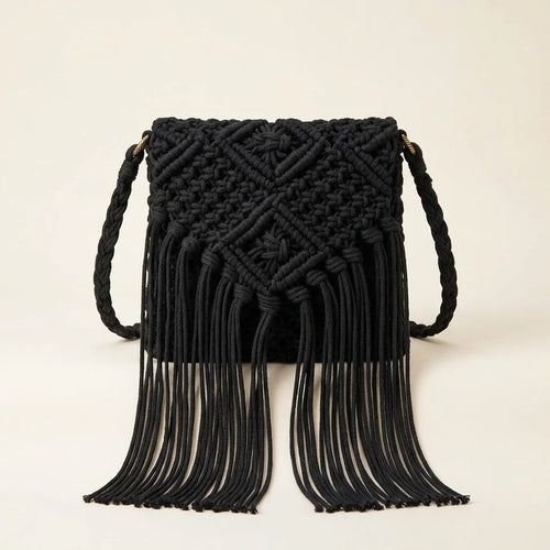 Black black fringe over the shoulder bag, front view