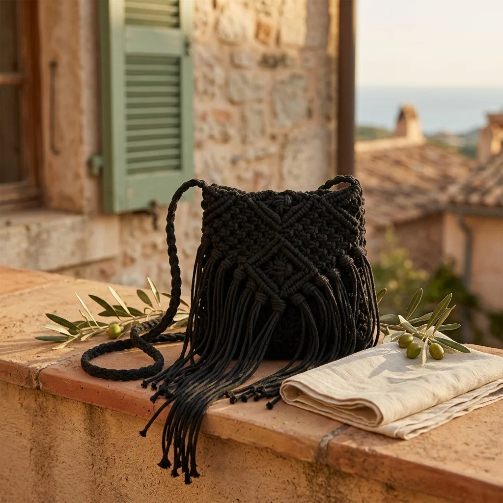 Black black fringe over the shoulder bag styled in a warm Mediterranean setting