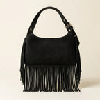 Back panel of Black black fringe shoulder bag with strap attachments