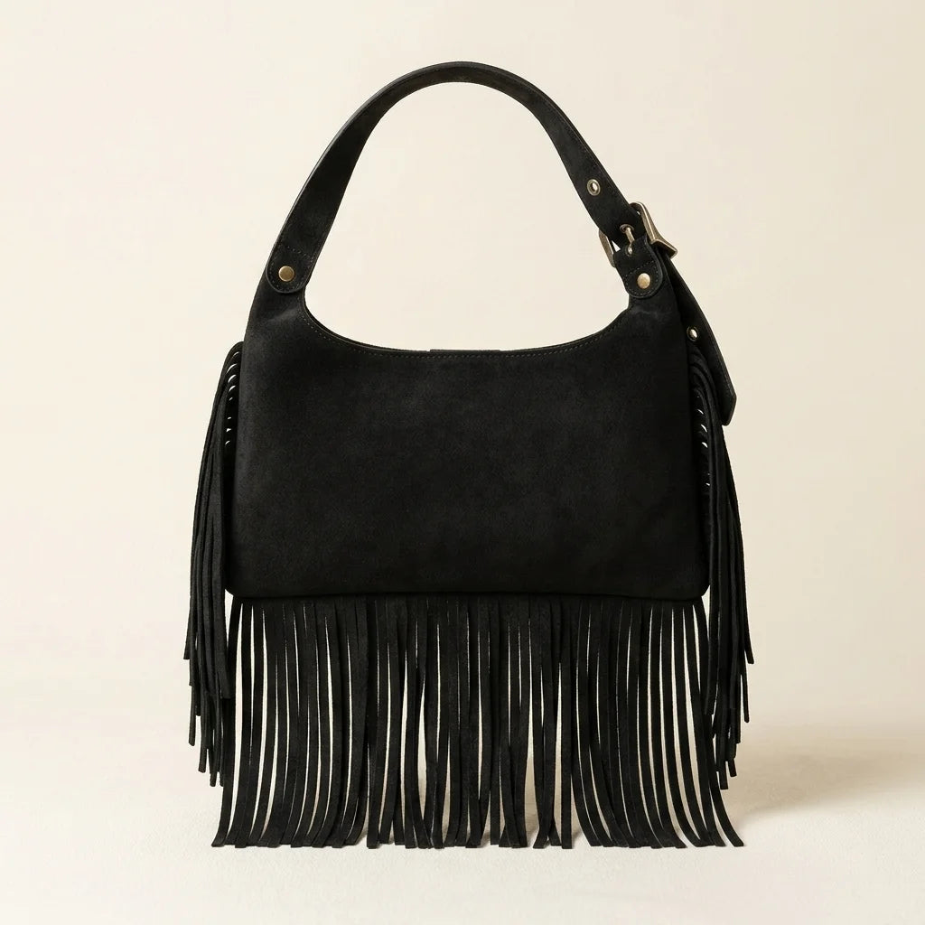 Back panel of Black black fringe shoulder bag with strap attachments