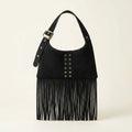 Black black fringe shoulder bag, front view