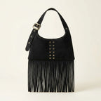 Black black fringe shoulder bag, front view