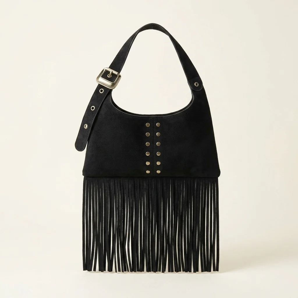 Black black fringe shoulder bag, front view