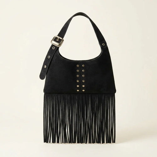 Black black fringe shoulder bag, front view