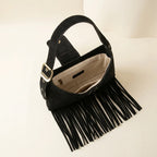 Interior lining and pockets of Black black fringe shoulder bag