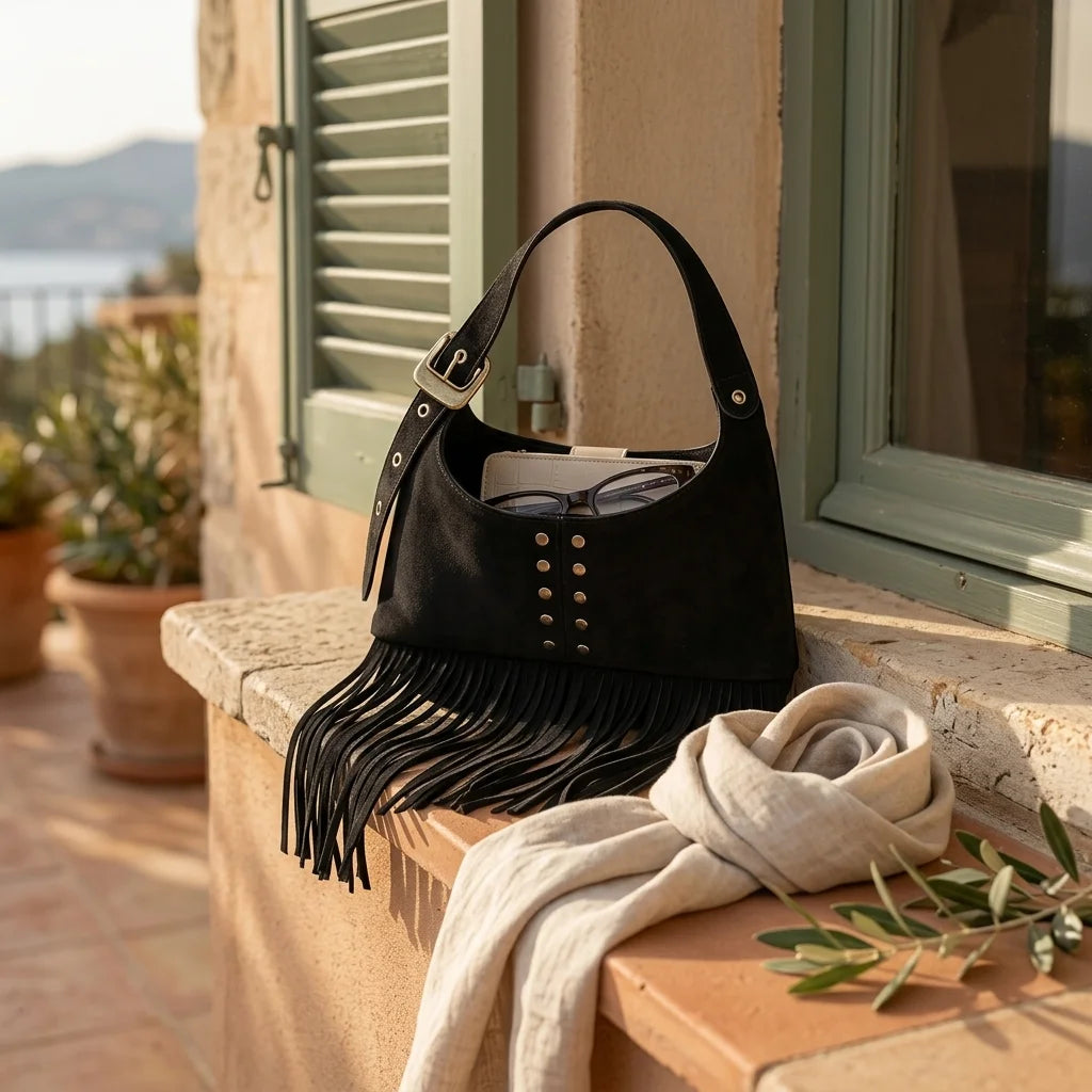 Black black fringe shoulder bag styled in a warm Mediterranean setting