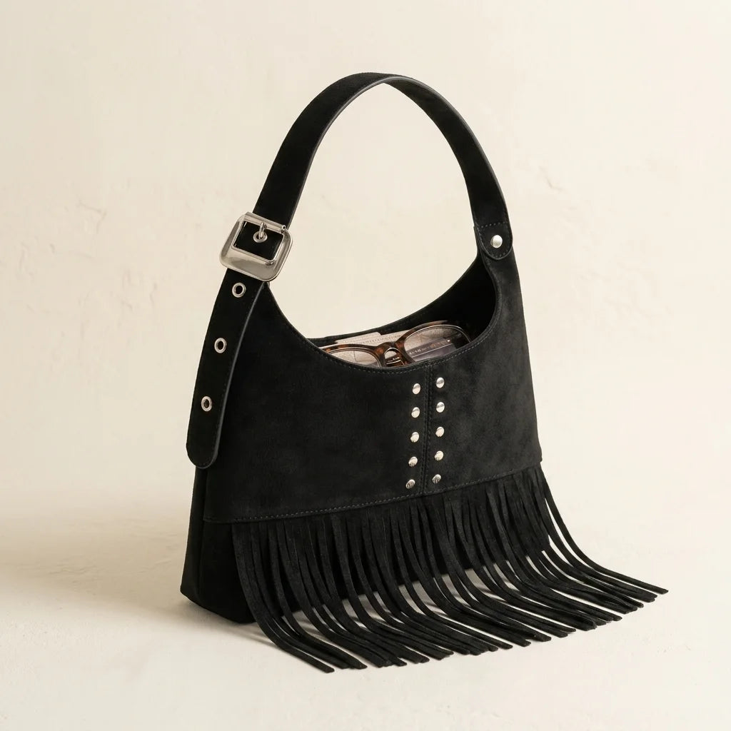 Black black fringe shoulder bag, three-quarter angle showing side depth