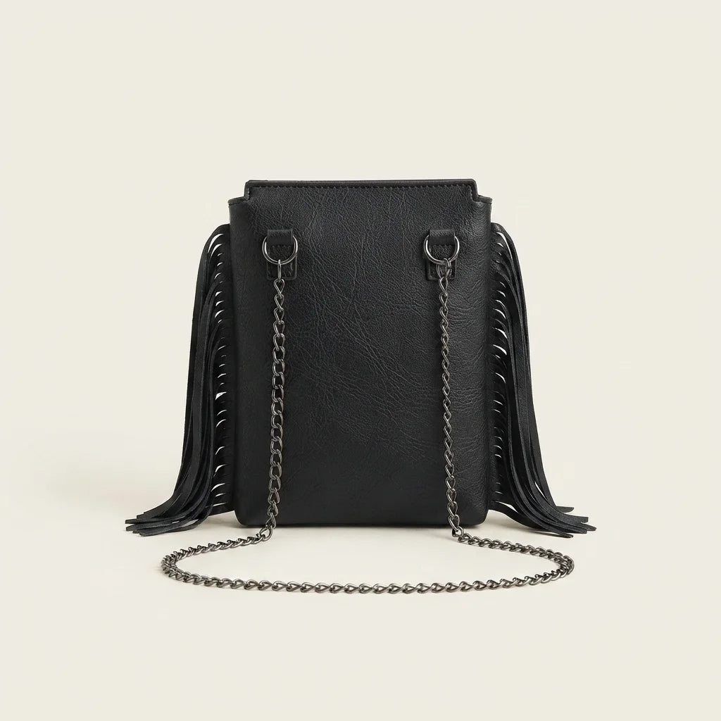 Back panel of Black black fringe tassel across body bag with strap attachments
