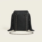 Back panel of Black black fringe tassel across body bag with strap attachments