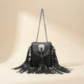 Black black fringe tassel across body bag, front view