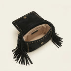 Interior lining and pockets of Black black fringe tassel across body bag