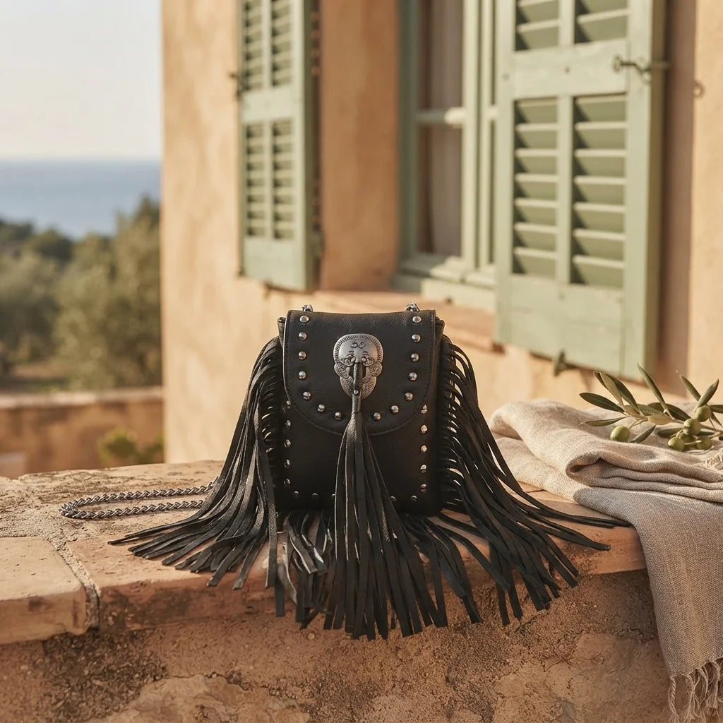 Black black fringe tassel across body bag styled in a warm Mediterranean setting