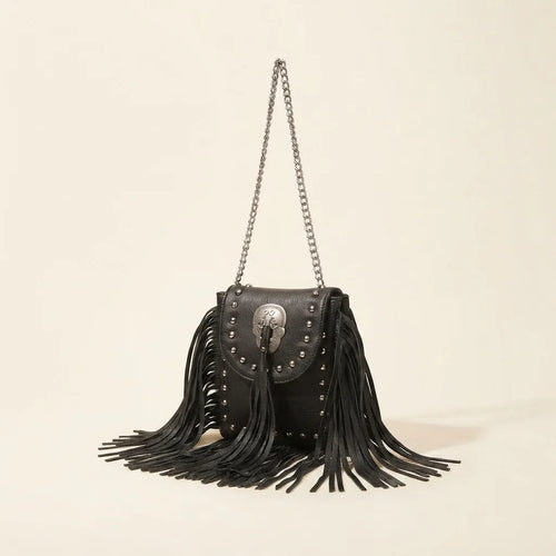 Black black fringe tassel across body bag, three-quarter angle showing side depth