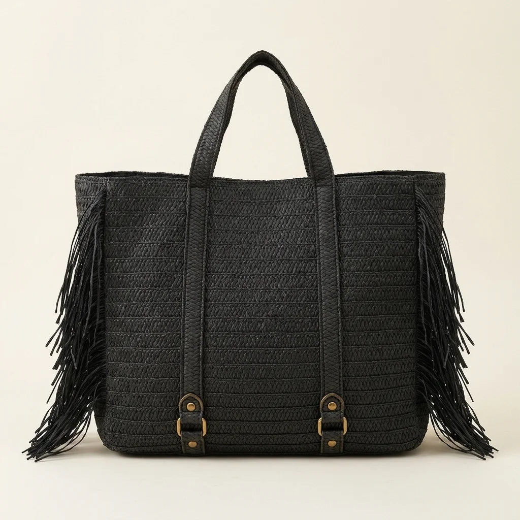 Back panel of Black black fringe tote bag with strap attachments