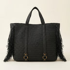 Back panel of Black black fringe tote bag with strap attachments