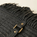 Close-up of fringe stitching and texture on Black black fringe tote bag