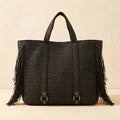 Black black fringe tote bag, front view
