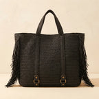 Black black fringe tote bag, front view