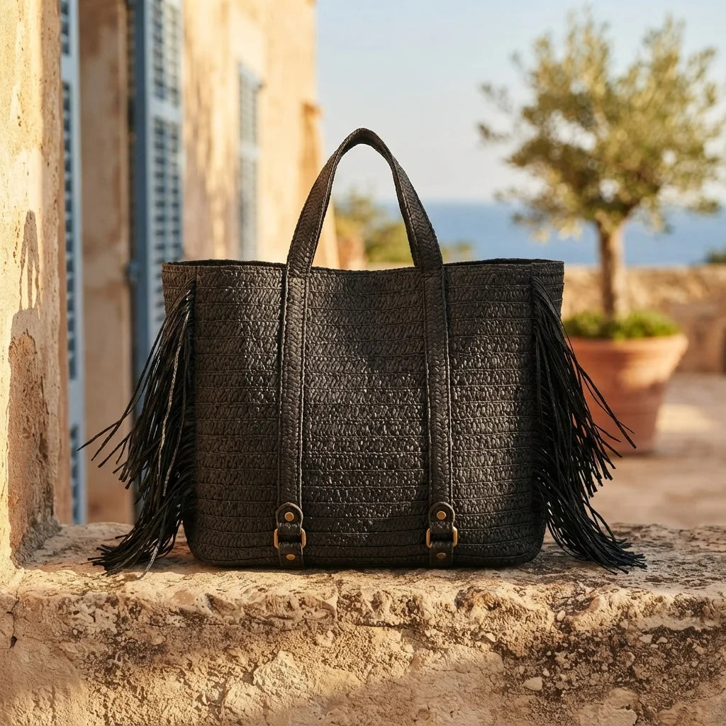 Black black fringe tote bag styled in a warm Mediterranean setting