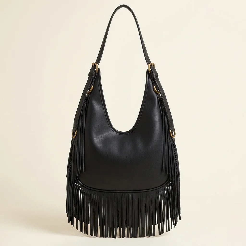 Back panel of Black black leather fringe bag with strap attachments
