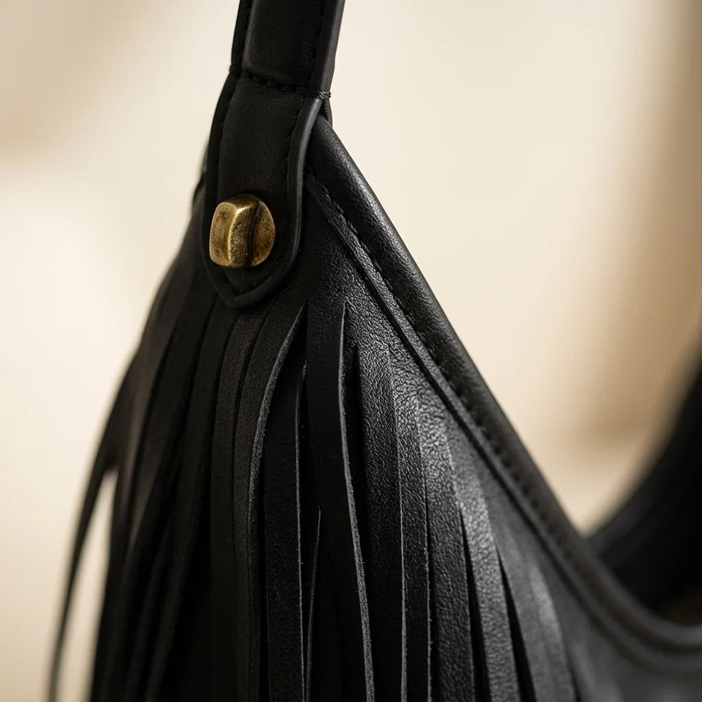 Close-up of fringe stitching and texture on Black black leather fringe bag