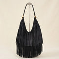 Black black leather fringe bag, front view