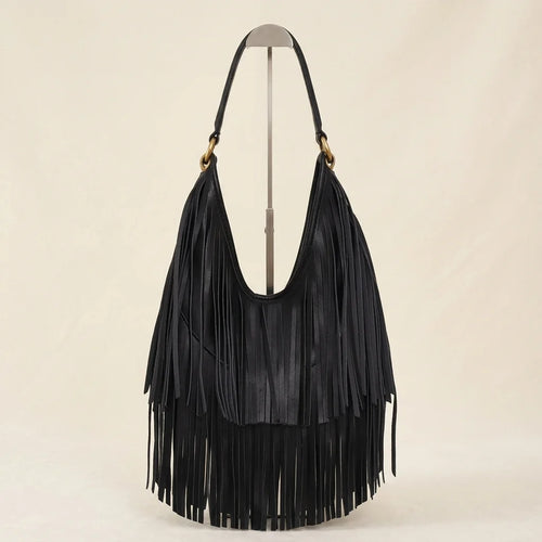 Black black leather fringe bag, front view