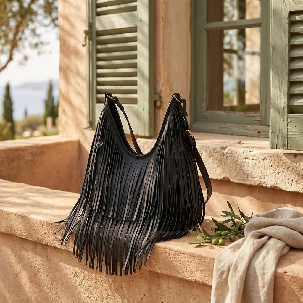 Black black leather fringe bag styled in a warm Mediterranean setting