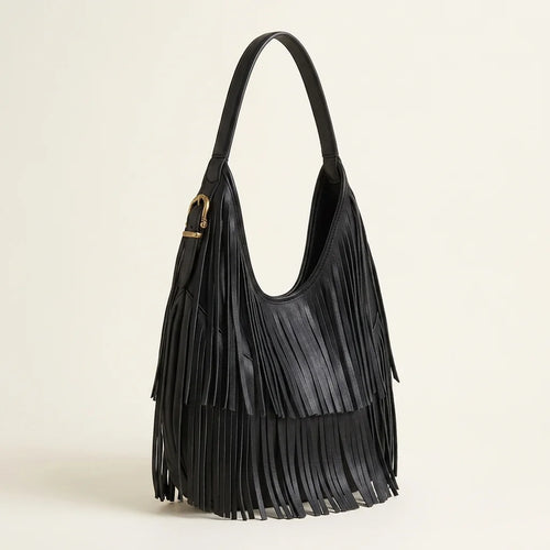 Black black leather fringe bag, three-quarter angle showing side depth