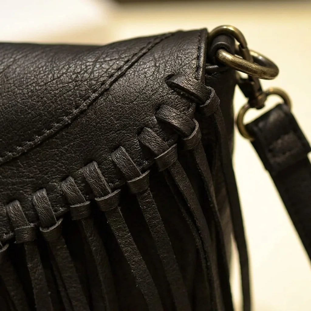 Close-up of fringe stitching and texture on Black black leather fringe crossbody bag